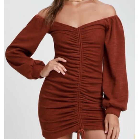 Lulus Aurinda Rust Orange Ruched Off The Shoulder Bodycon Tie Dress, Size Large - Picture 1 of 9